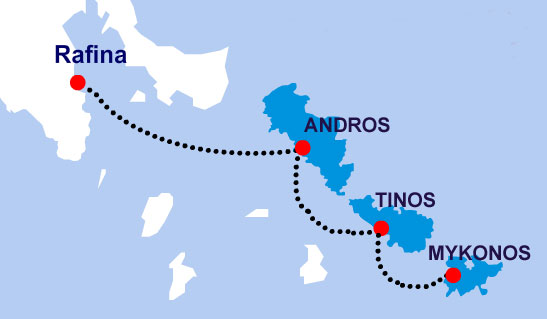 Cyclades Fast Ferries Map - Rafina, Andros, Tinos, Mykonos
