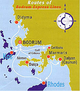 Bodrum Express Ferries routes from/to Rhodes, Kos, Marmaris, Gokova, Dalyan, Datsa.