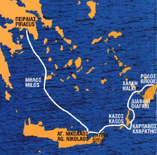 Map. Lane Lines, Piraeus, Milos, Crete ( Agios Nikolaos - Sitia ), Kasos, Karpathos, Diafani, Chalki, Rhodes.