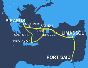 Salamis Lines shipping co. All year round service to Greece, Cyprus & Egypt . Salamis Lines Ferries from / to Greece ( Piraeus, Patmos, Rhodes, Kos, Heraklion, Santorini, ),  Cyprus - Limassol and Egypt - Port Said.